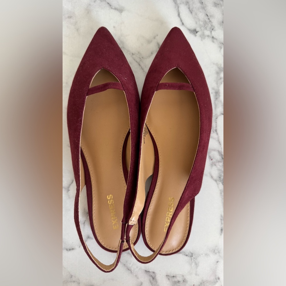 Express Red Pointed Toe Leather Sling-Back Flats | Size 6